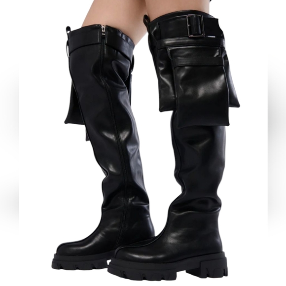 Azalea Wang Thigh High Black Punk Utillity Flatform Boots with Pockets Size 7.5 - Picture 2 of 5